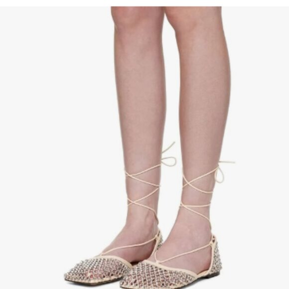 XYD Beige Square Toe Studded Flats Sandals Mesh D'Orsay Ankle Strap Slip On Shoe - Picture 1 of 8